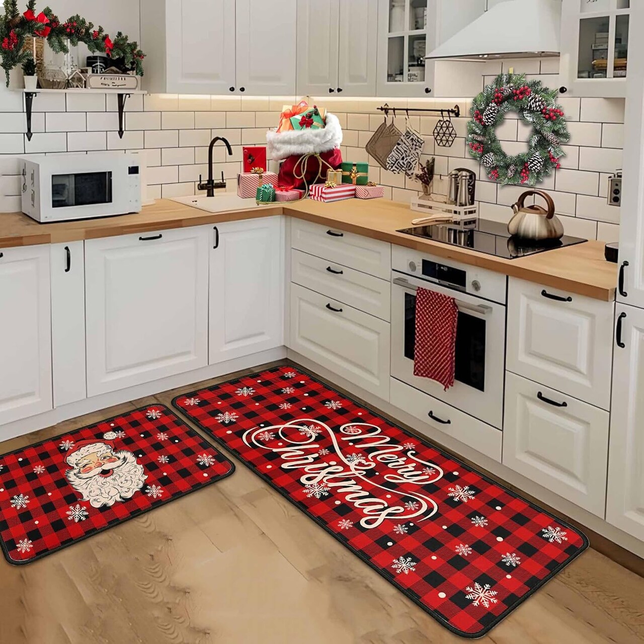 Christmas Kitchen Rugs and Mats Set of 2, Christmas Decorations for Home Non Slip Backing Winter Holiday Kitchen Rug Seasonal Low-Profile Kitchen Floor Mat Xmas Decor 17"X47"+17"X30"